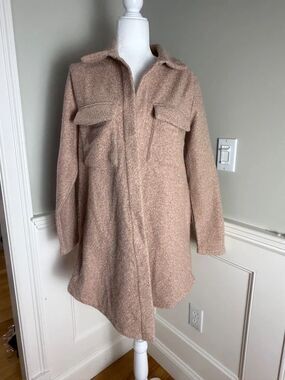 Melloday Teddy Boucle Longline Shacket Coat in Taupe M